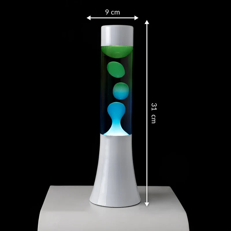 Fisura Design Lavalamp met Blauwe & Groene Lava - Zilver op een zwarte achtergrond met afmetingen
