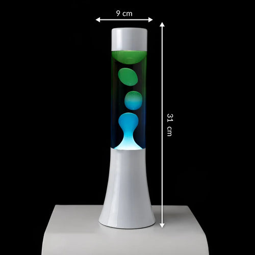 Fisura Design Lavalamp met Blauwe & Groene Lava - Zilver op een zwarte achtergrond met afmetingen
