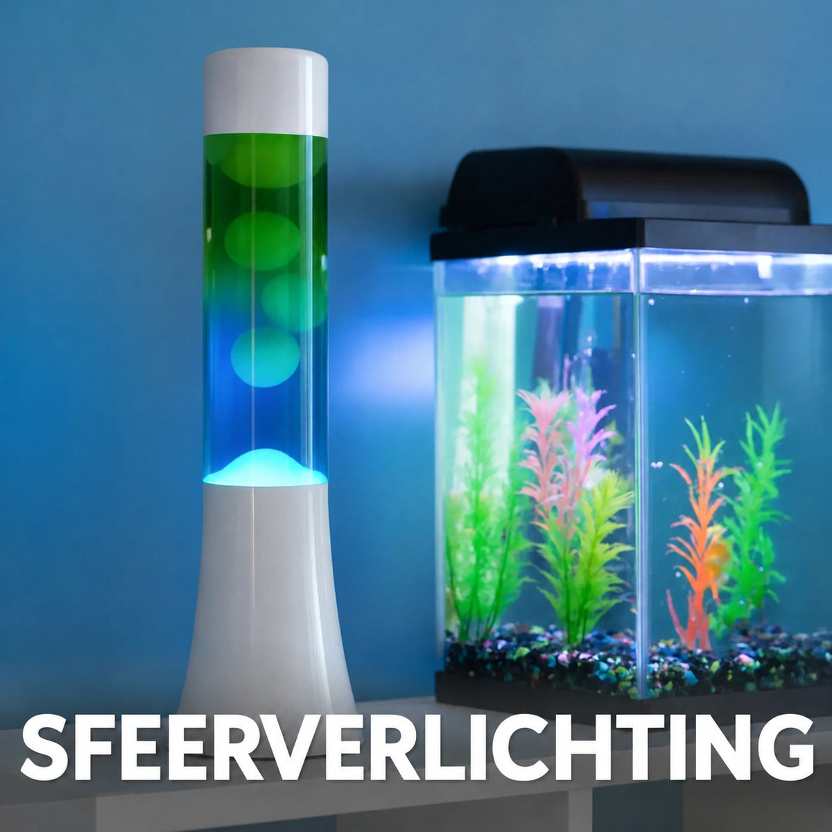 Fisura Design Lavalamp met Blauwe & Groene Lava - Zilver als sfeerverlichting bij een aquarium