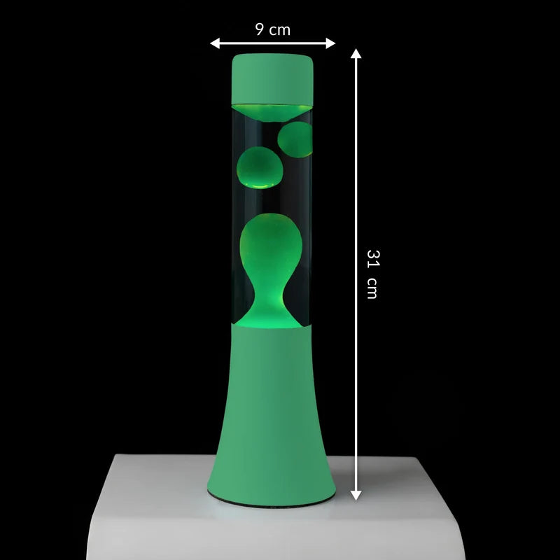 Fisura Design Lavalamp met Groene Lava - Muntgroen op een zwarte achtergrond met afmetingen