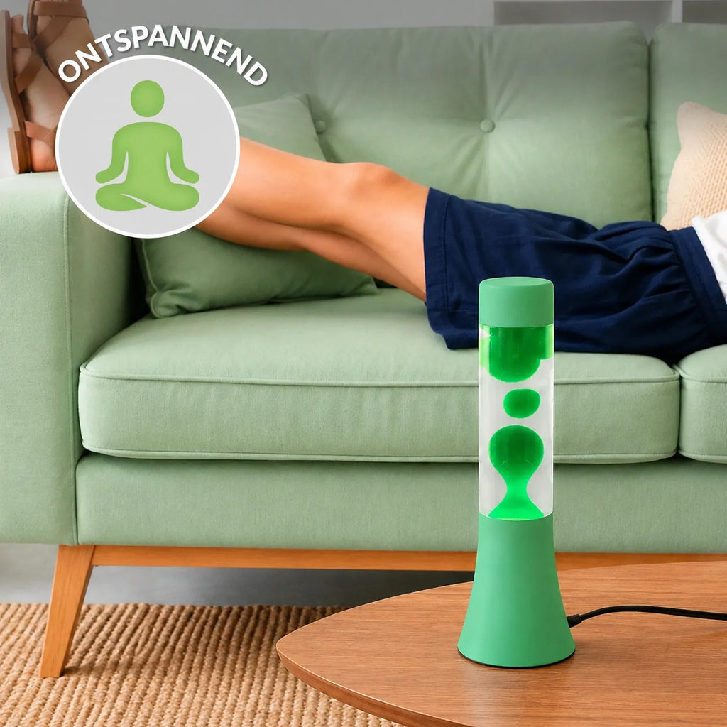 Fisura Design Lavalamp met Groene Lava - Muntgroen op de salontafel ter ontspanning