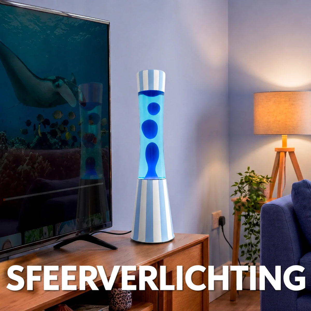 Fisura Grote Design Lavalamp met Blauwe Lava - Streepjes als sfeerverlichting in de woonkamer