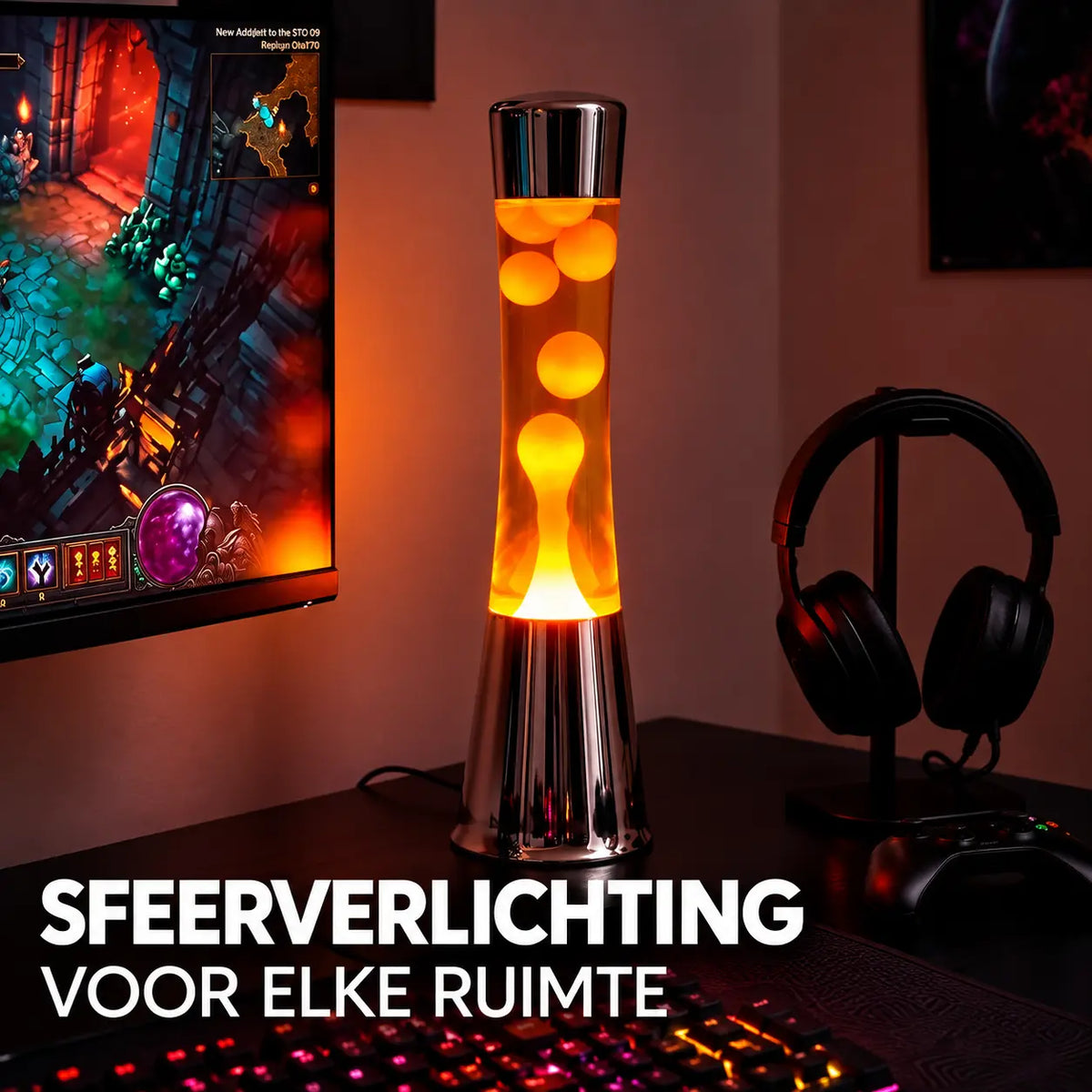 Fisura Grote Design Lavalamp met Oranje Lava - Chrome als sfeerverlichting tijdens het gamen