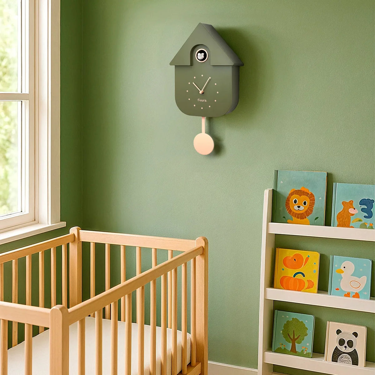 Fisura Koekoeksklok Modern Cuckoo ABS - Olijf Groen die omhoog hangt in de kinderkamer
