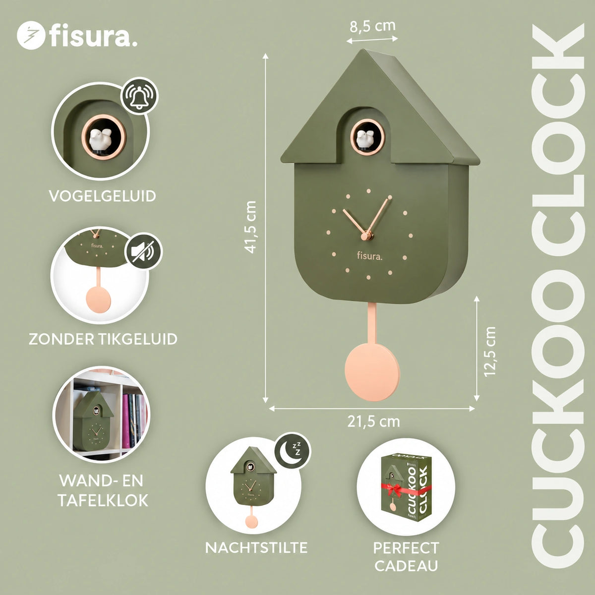 Unique Selling Points van de Fisura Koekoeksklok Modern Cuckoo ABS - Olijf Groen