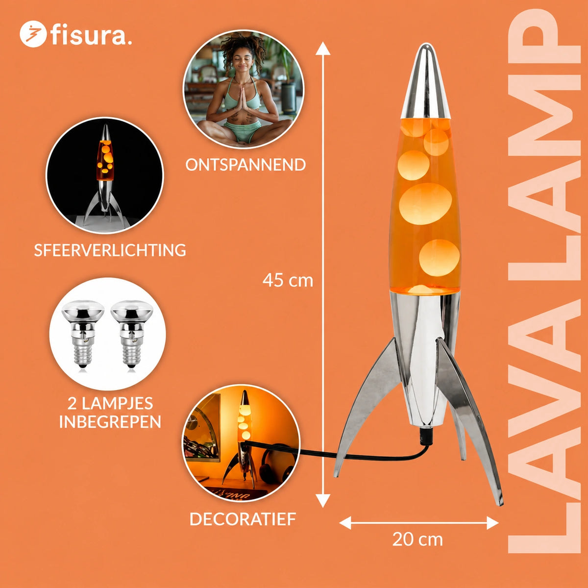 Unique Selling Points van de Fisura Raket Lavalamp met Oranje Lava - Chrome