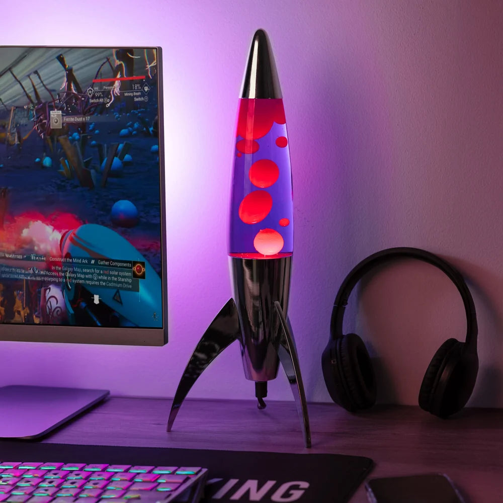 Fisura Raket Lavalamp met Rode & Paarse Lava - Chrome als sfeerverlichting tijdens het gamen