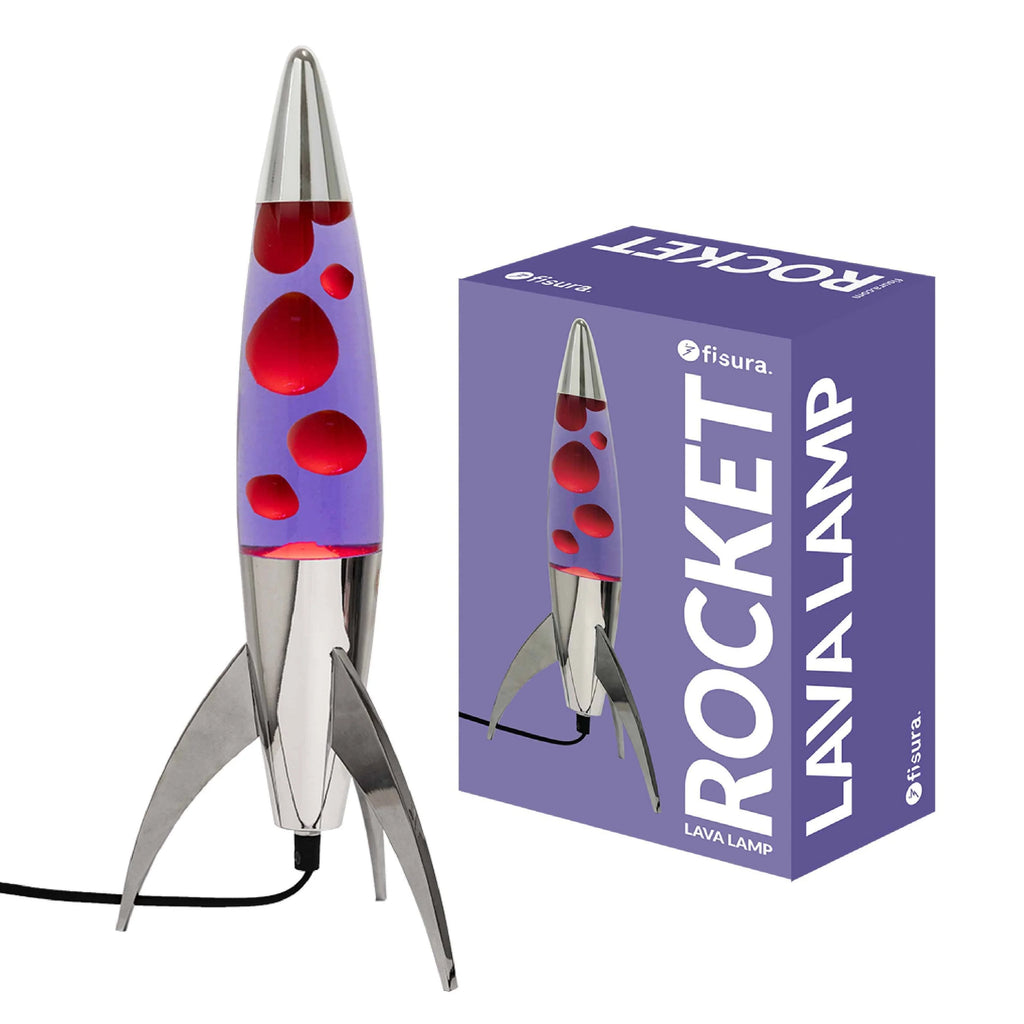verpakking van de Fisura Raket Lavalamp met Rode & Paarse Lava - Chrome