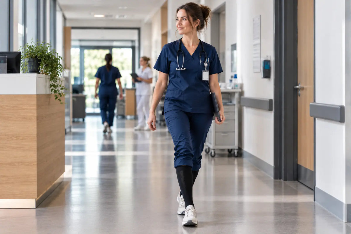 Een verpleegkundige die CIRVO compressiesokken draagt tijdens haar shift