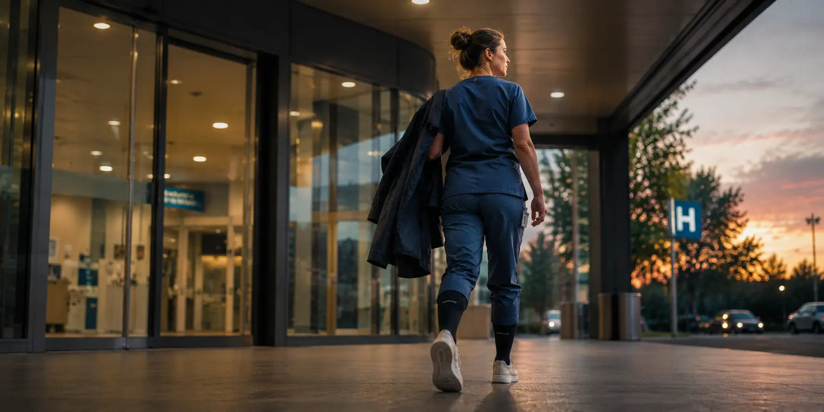 Een verpleegkundige na haar shift met CIRVO sokken aan